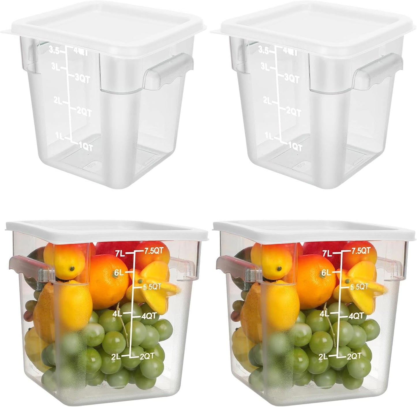 Lallisa 4 Pcs 8 Qt and 4 Qt Clear Food Storage Containers with Lids, Handles and Scales, Commercial Grade Square Containers Polycarbonate Air Tight for Home Storage Kitchen Restaurant(White)