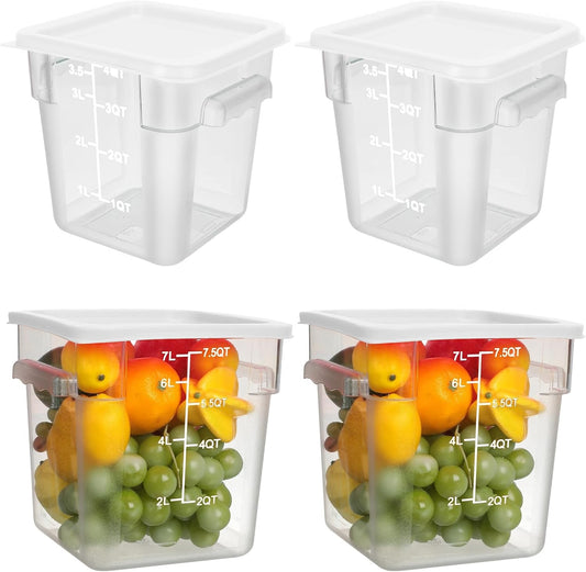 Lallisa 4 Pcs 8 Qt and 4 Qt Clear Food Storage Containers with Lids, Handles and Scales, Commercial Grade Square Containers Polycarbonate Air Tight for Home Storage Kitchen Restaurant(White)