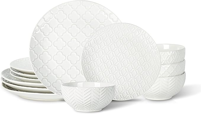 Sureasy 12-Piece Ceramic Dinnerware Set for 4 - Embossed Plates and Bowls Sets, Scratch Resistant Dish Set, Microwave, Oven & Dishwasher Safe, White
