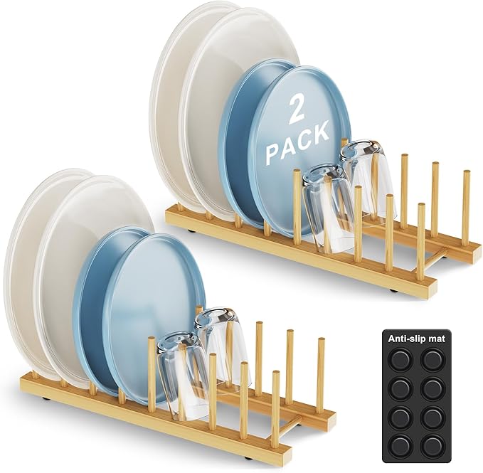 Bamboo Dish Drying Rack for Kitchen Organizer-Sturdy Plate Rack Organizer with Natural Bamboo, Dish Rack Holds Plates, Cups & Cutting Boards-Dish Drying Rack for Countertop & Cabinets（2 Pack）