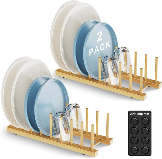 Bamboo Dish Drying Rack for Kitchen Organizer-Sturdy Plate Rack Organizer with Natural Bamboo, Dish Rack Holds Plates, Cups & Cutting Boards-Dish Drying Rack for Countertop & Cabinets（2 Pack）