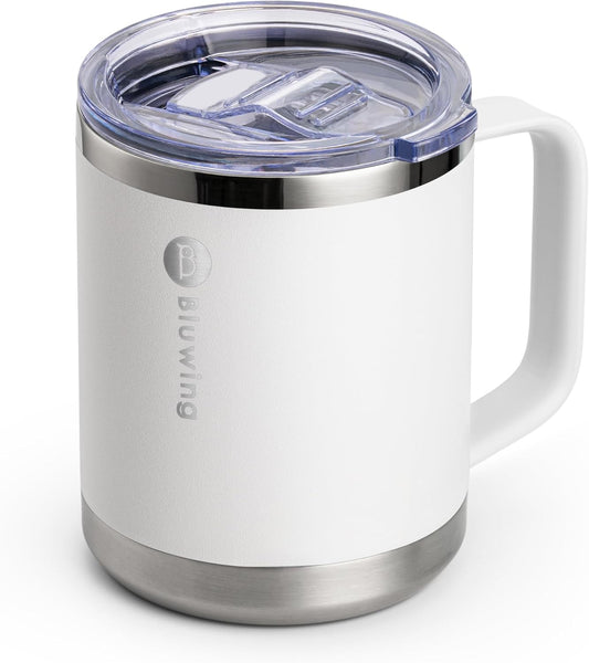 Insulated Coffee Mug with Lid, 12 oz Travel Coffee mug with handle Double Wall Stainless Steel Travel Tumbler Cup, Spill Proof (White)