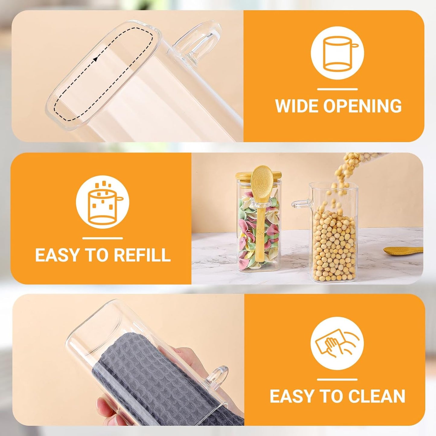 Glass Jars with Bamboo Lids Set of 4, 11 Fl.oz Square Glass Storage Jars with Airtight Lid and Spoon, Clear Spice Container Stackable Wide Mouth Cansiter for Loose Tea, Coffee, Sugar, Candy