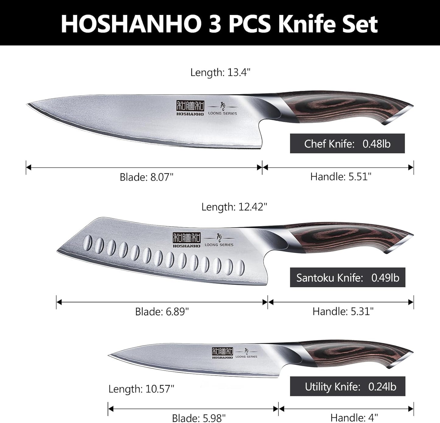 HOSHANHO 3 Pieces Knife Set, Professional Japanese High Carbon Stainless Steel Kitchen Knife Set, Ultra Sharp Chef Knives Sets with Ergonomic Pakkawood Handle