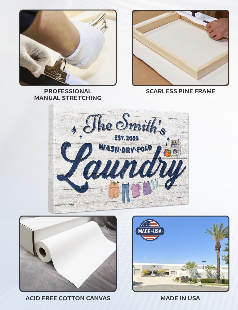 IPIC - Personalized Laundry Room Sign, Custom Canvas Wall Art with Family Name, Rustic Home Decor Printed Acid-Free Cotton Canvas for Business and Home, Made in USA and Ready to hang for Laundry Decor