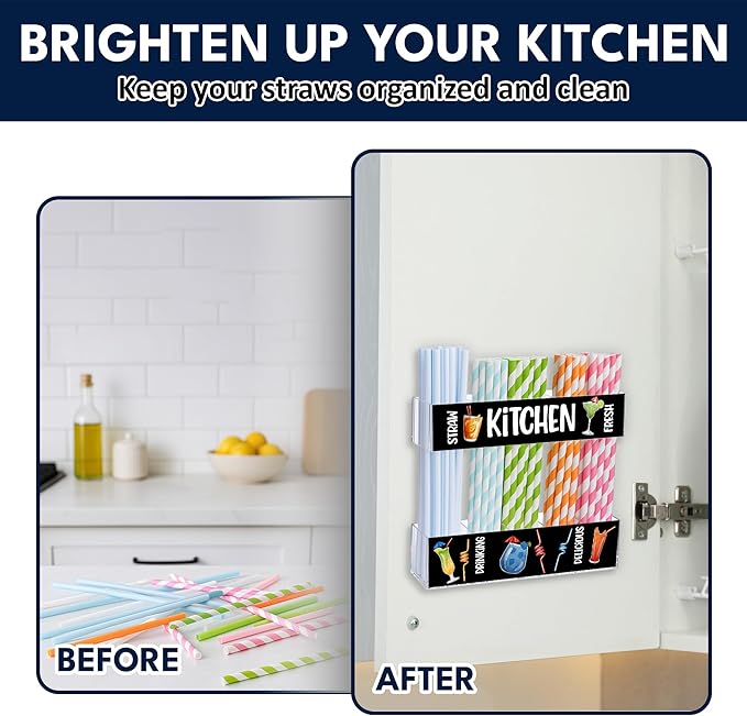 Acrylic Straw Holder for Cabinet Door or Countertop - Clear Organizer & Dispenser with 3 Sets of Decorative Stickers for Reusable Straws, Space-Saving Kitchen Storage, Pantry Organizer