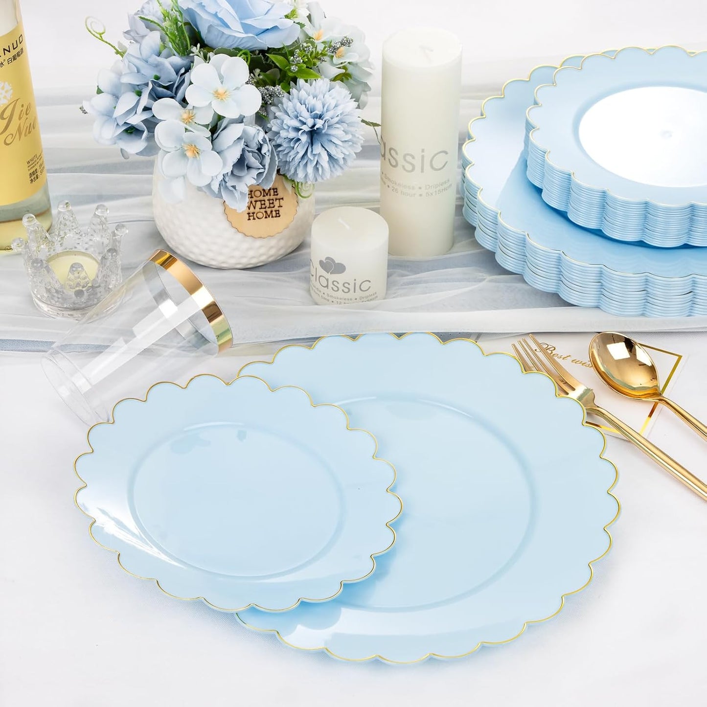 LIYH 210 Pcs Light Blue Plastic Dinnerware Set - Baby Blue Plastic Plates Napkins with Gold Foil Include Bridal Shower Plates Disposable Gold Silverware Napkins Cups for Birthday 30 Guests