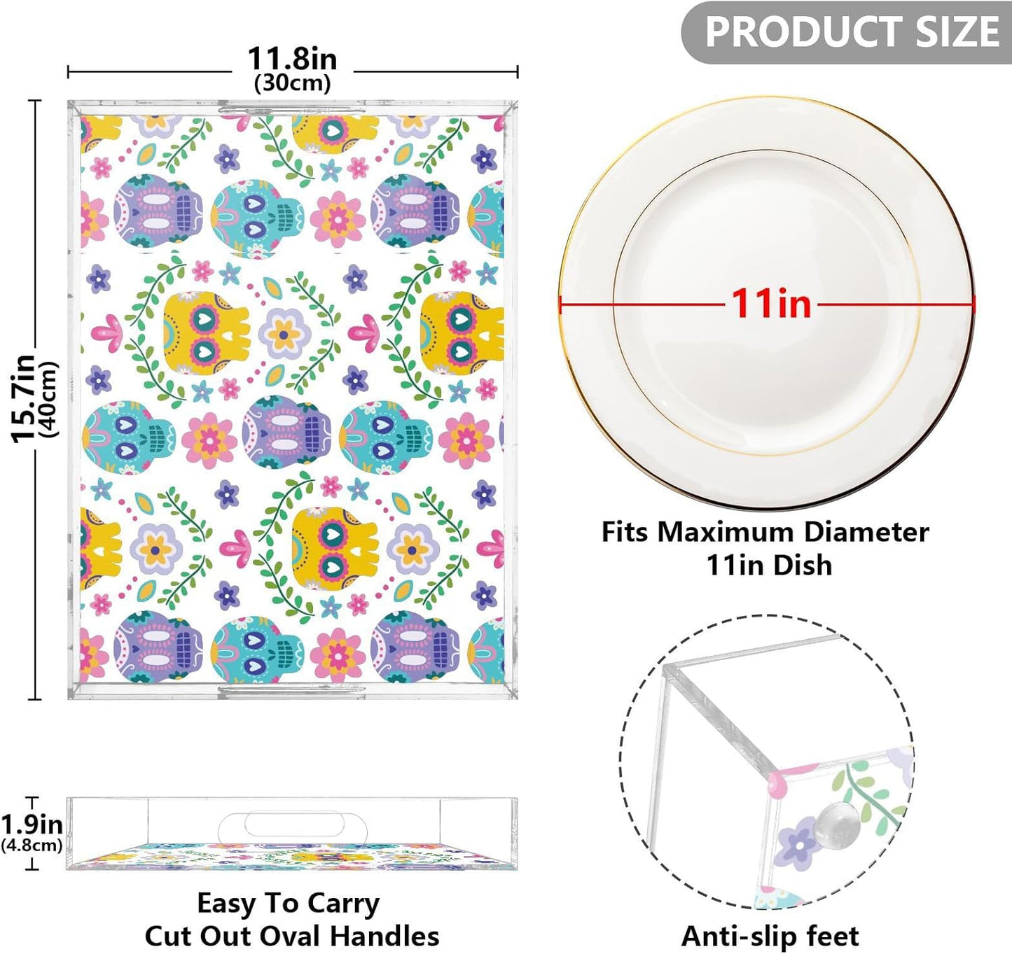 Acrylic Serving Tray with Handles Spill Proof Kitchen Storage Tray Clear Decorative Tray Makeup Drawer Organizer Storage Tray for Bathroom Living Room Ottoman 15.7x11.8Inches