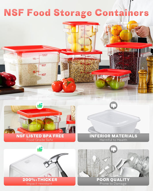 2QT NSF Food Storage Containers: 8 PCS [Food Grade][Hot&Cold Resistant] Commercial Clear Square Food Storage Containers with Scales Handles for Home Restaurant Kitchen Proof Dough (Red)