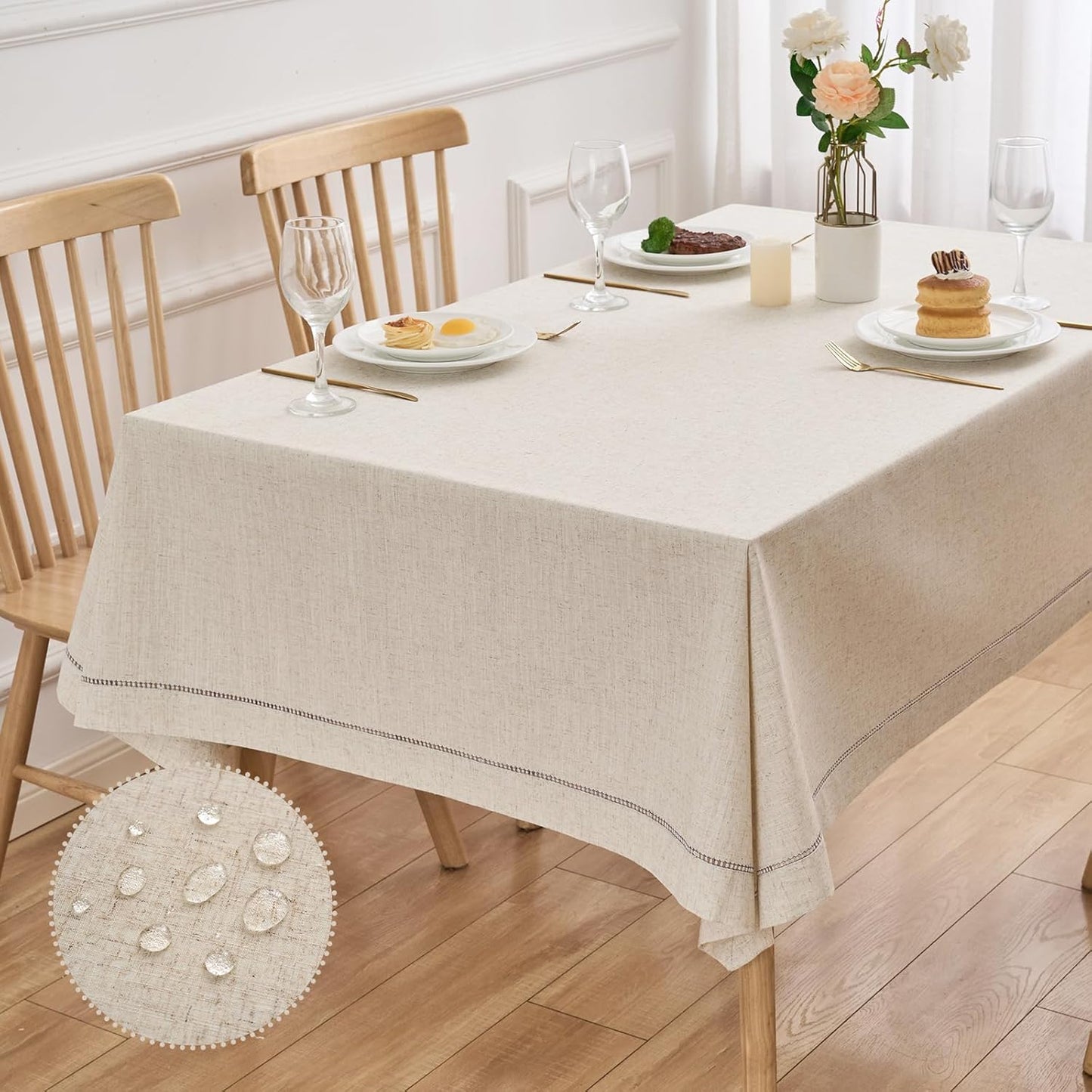 Zdolmy Natural Flax Linen Tablecloth – Undyed Rectangle Hemstitch Table Cover for Kitchen, Dining & Decoration (Blue Drawn Silk Thread, 55" x 86")