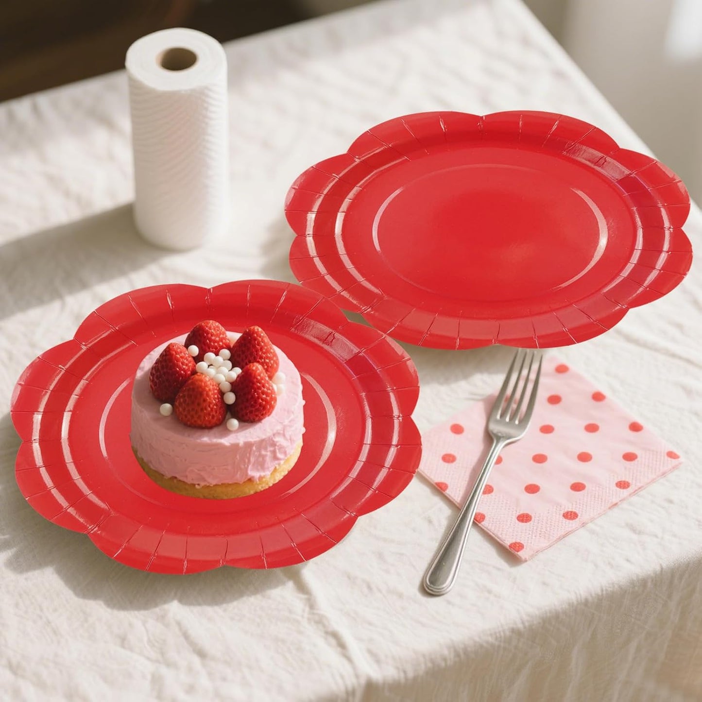 50 Pack Red Paper Plates 7 Inch, Disposable Scalloped Plates Cake Dessert Plate for Dinner Baby Shower Wedding Bridal Shower Birthday Party Supplies (Red, 7 inch)