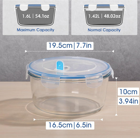 NUTRIUPS 1.6L Glass Food Storage Containers, Round Meal Prep Containers, Glass Bowls With Lid