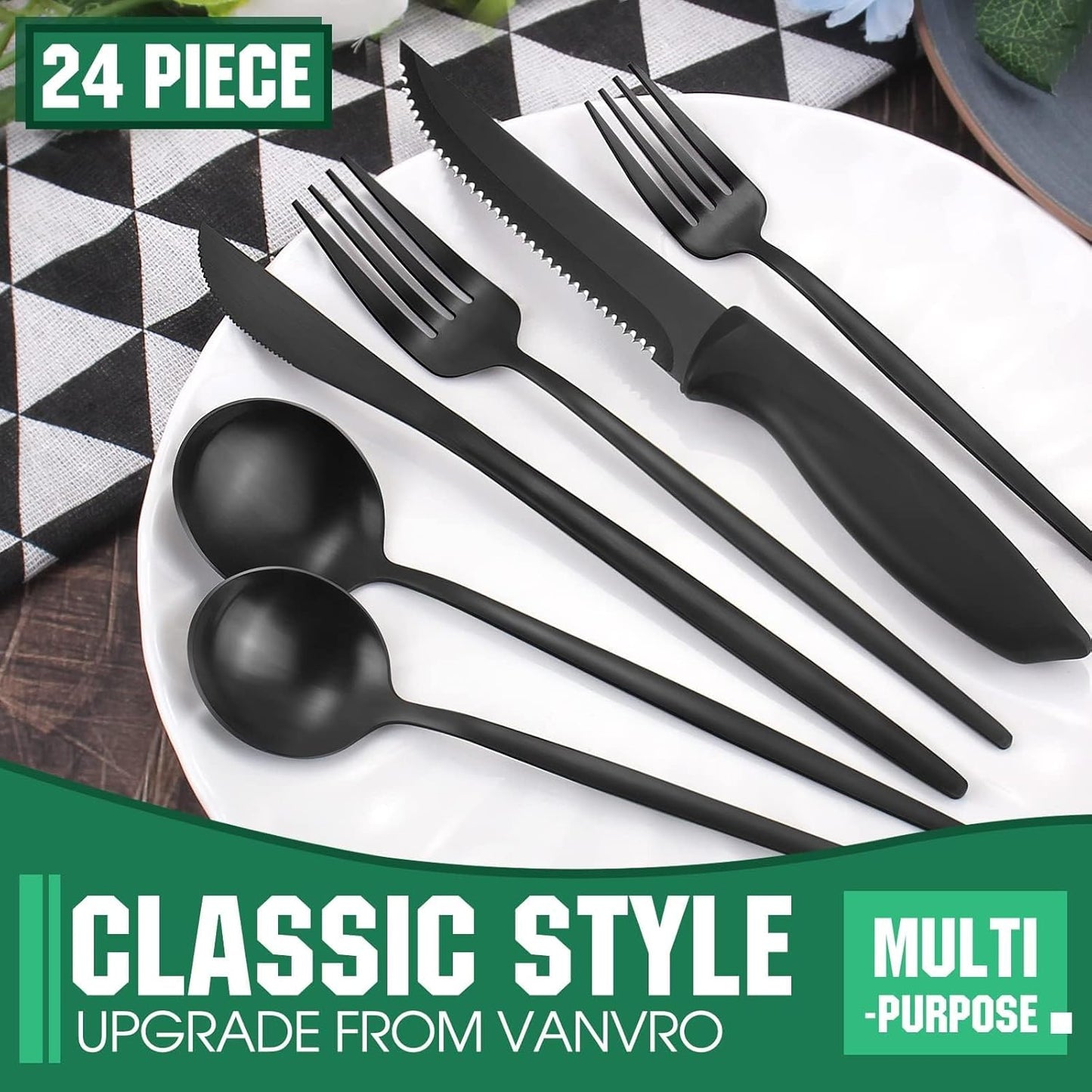 24 Pieces Matte Black Silverware Set with Steak Knives,Satin Finish tableware Cutlery Set for Home and Restaurant,Matte Knife Spoon and Fork Sets Service for 4,Dishwasher Safe