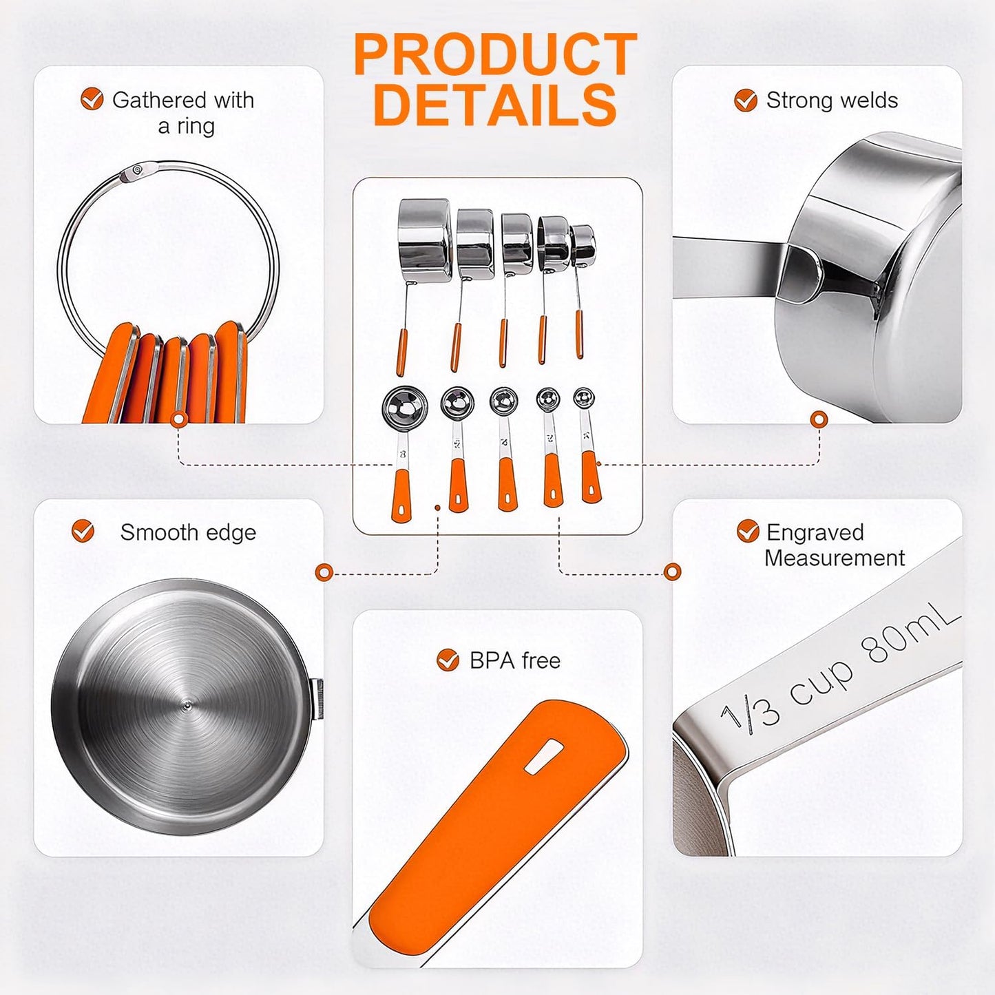 Measuring Cups and Spoons Set, Stainless Steel 10 Piece for Cooking and Baking (5 Cups + 5 Spoons, Orange Handle)