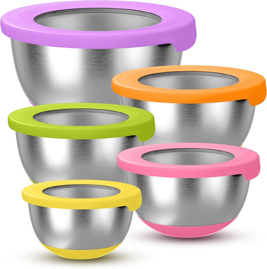 Stainless Steel Mixing Bowls with Lids – Set of 5 Large Nesting Metal Bowls for Kitchen, Baking, Cooking, Food Prep & Storage, Non-Slip Base, Dishwasher Safe, Multicolor