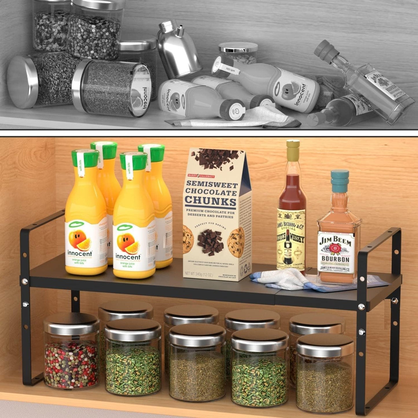 Expandable Stackable Spice Rack Cabinet Shelf Organizer in Cabinets Shelves Kitchen Cupboard Organization Stack up Racks Pantry Countertop Storage Medium/Black 2 Packs