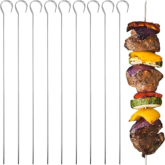 O-Yaki Flat Metal Kabob Skewer for Grilling – Set of 8 BBQ Skewers Stainless Steel with Storage Bag, Dishwasher Safe Skewers with Hook Handle & Sharp Tip for Outdoor BBQ, Cookouts & Oven Use – 9 Inch