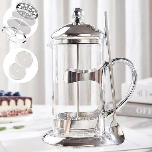 DUJUST Silver French Press Coffee Maker, Luxury Design French Coffee Press with 4-Level Filter System, High-Grade Glass for Hot & Cold Resistance, Include Long Size 304 Stainless Steel Spoon - 34oz