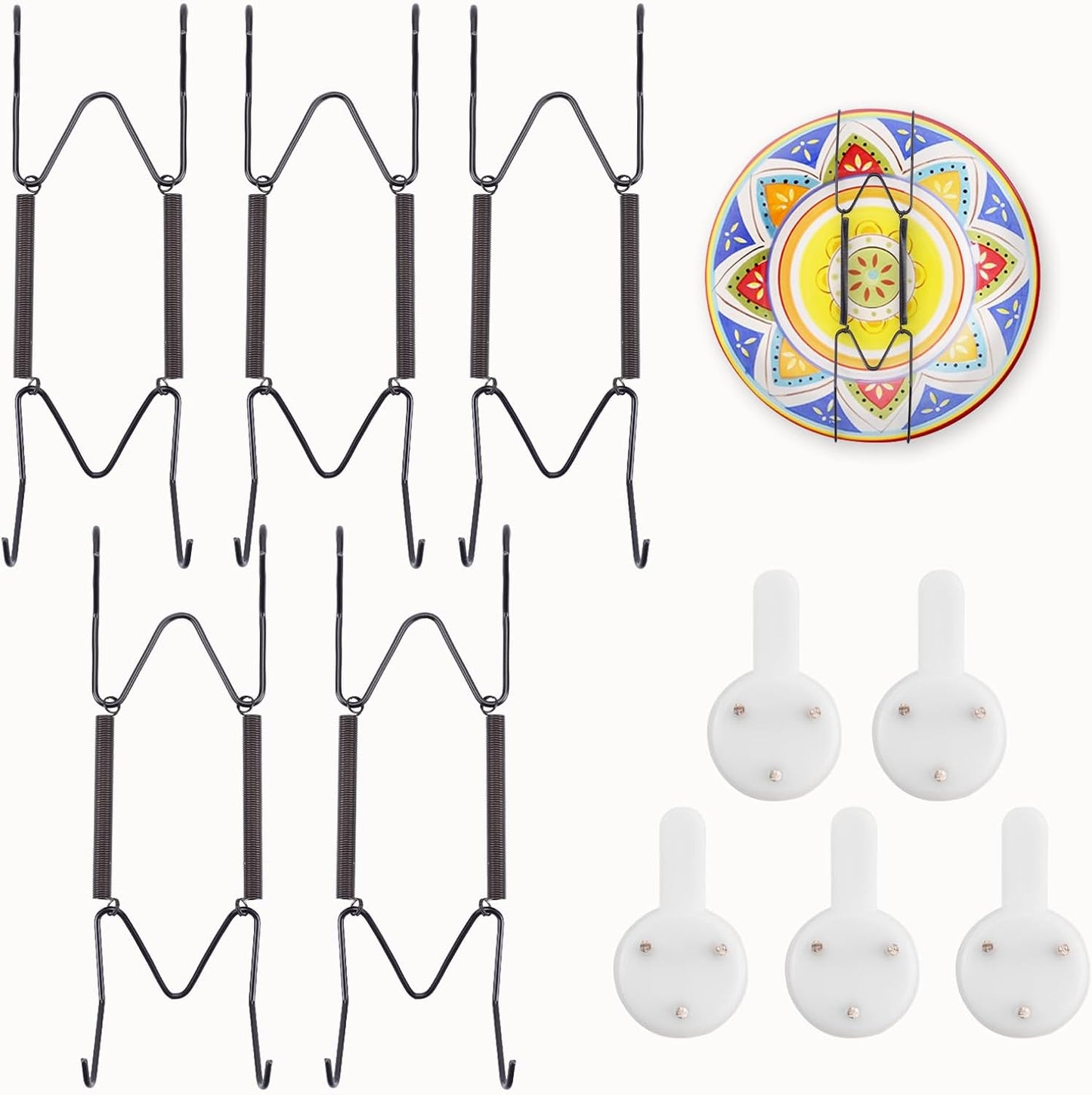 5 Pack Plate Hangers for The Wall Suitable for 6-8 inch Small Decorative Plate, Invisible Stainless Steel Plate Hangers for Display with Wall Hooks, for Plates/Platter/Dish/Picture(Black)