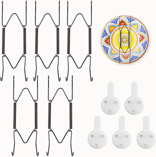 5 Pack Plate Hangers for The Wall Suitable for 6-8 inch Small Decorative Plate, Invisible Stainless Steel Plate Hangers for Display with Wall Hooks, for Plates/Platter/Dish/Picture(Black)