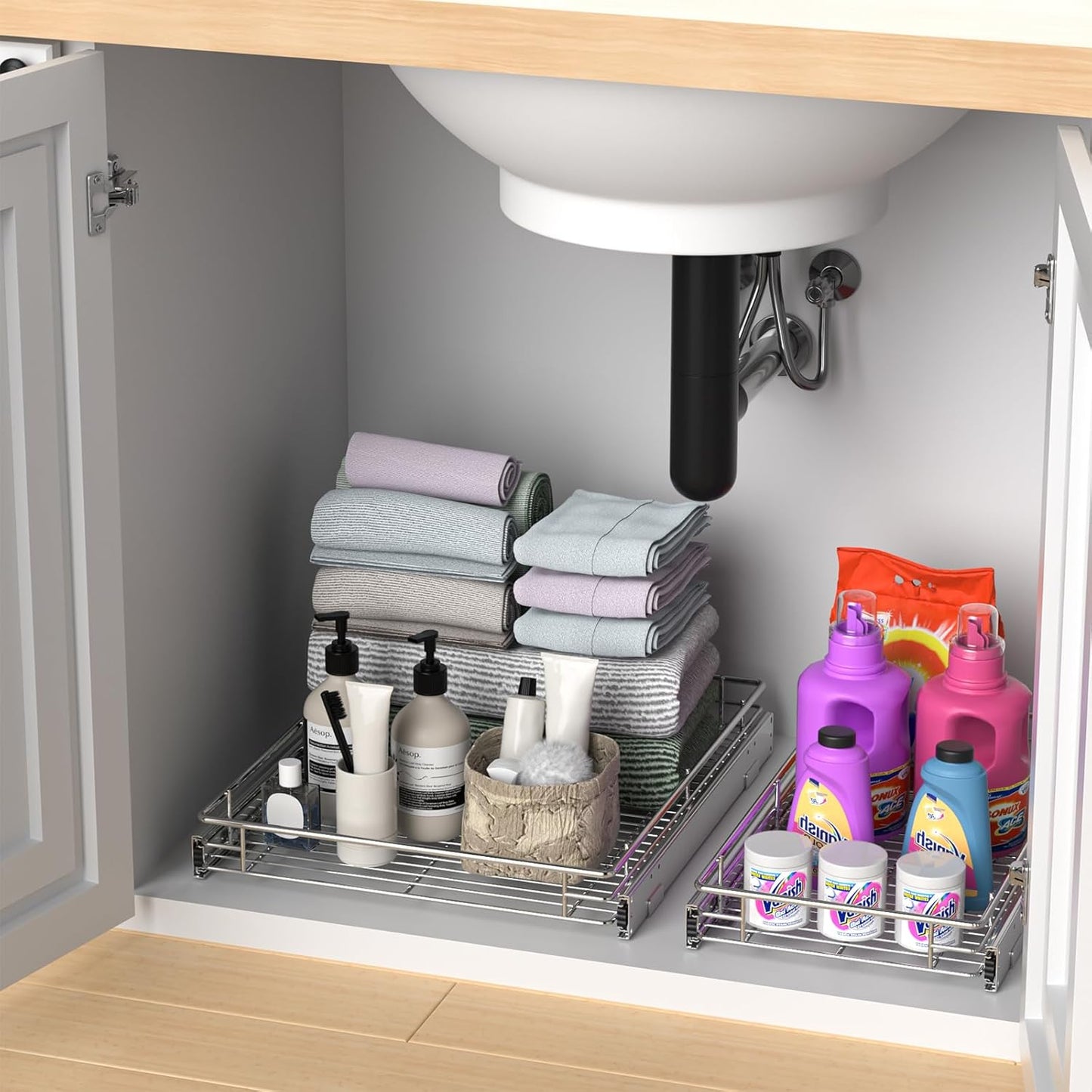 ZOINLIY Pull Out Cabinet Organizer, Versatile Slide Out Kitchen Organizers and Storage,Heavy Duty Drawer Cupboard Storage Basket, Smooth Sliding, Chrome Finish (24.8 * 21inch)