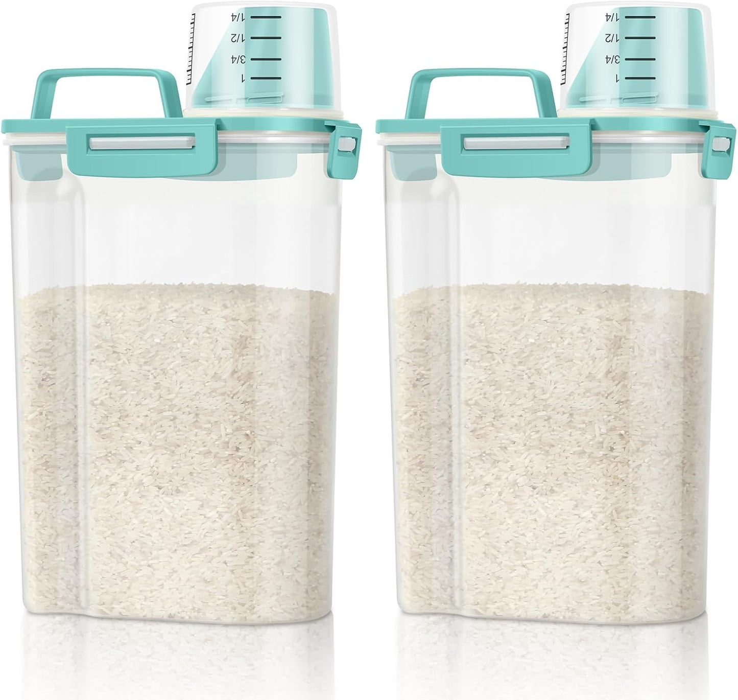 TBMax Rice Container Cereal Storage Container 2 Pack 5 Lbs, Kitchen Pantry Dry Food Storage Holder with Easy-Pouring Spout & Handy Cup, Small Pet Dog Cat Food Dispenser for Daily Feeding -Cyan