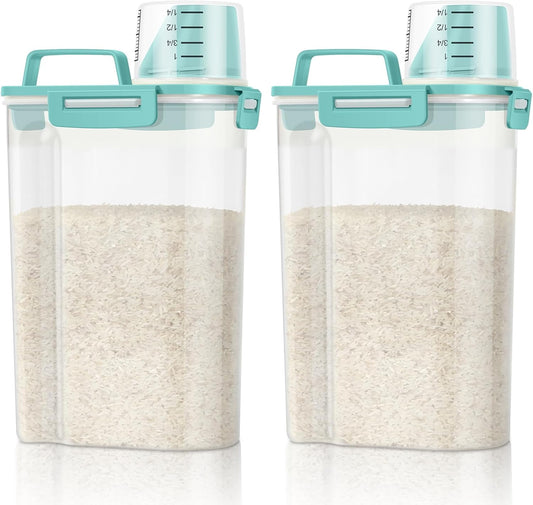TBMax Rice Container Cereal Storage Container 2 Pack 5 Lbs, Kitchen Pantry Dry Food Storage Holder with Easy-Pouring Spout & Handy Cup, Small Pet Dog Cat Food Dispenser for Daily Feeding -Cyan