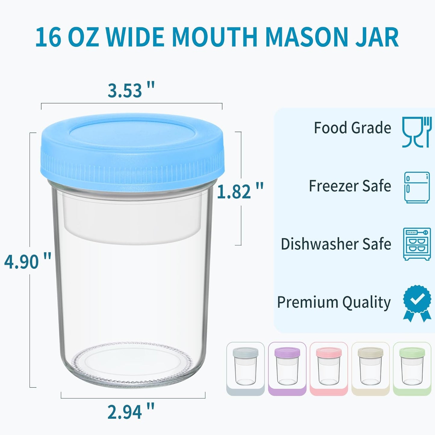 16 oz Overnight Oats Containers with Airtight Lids - 6-Pack Leak-Proof Wide Mouth Mason Jars & Divided Cups for Dried and Wet Foods, Glass Jars for Chia Pudding, Salad, Snacks, and Yogurt
