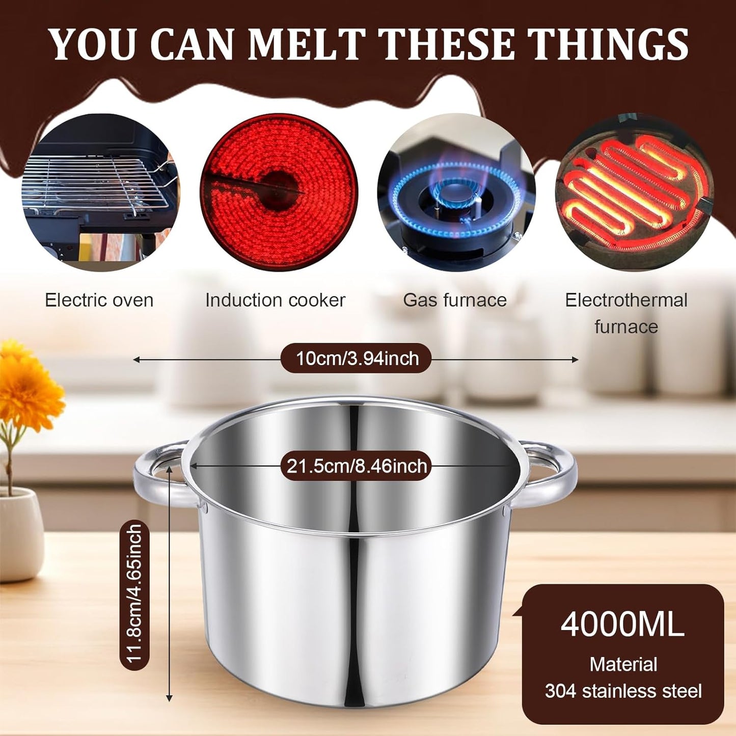 304 Stainless Steel Double Boiler Set - 2.6QT Melting Bowl with Scale and Handle - 4.2QT Dual-Handle Pot - Stackable Water Bath Melting Pot Set for Butter, Chocolate, Wax, Sugar, Candle