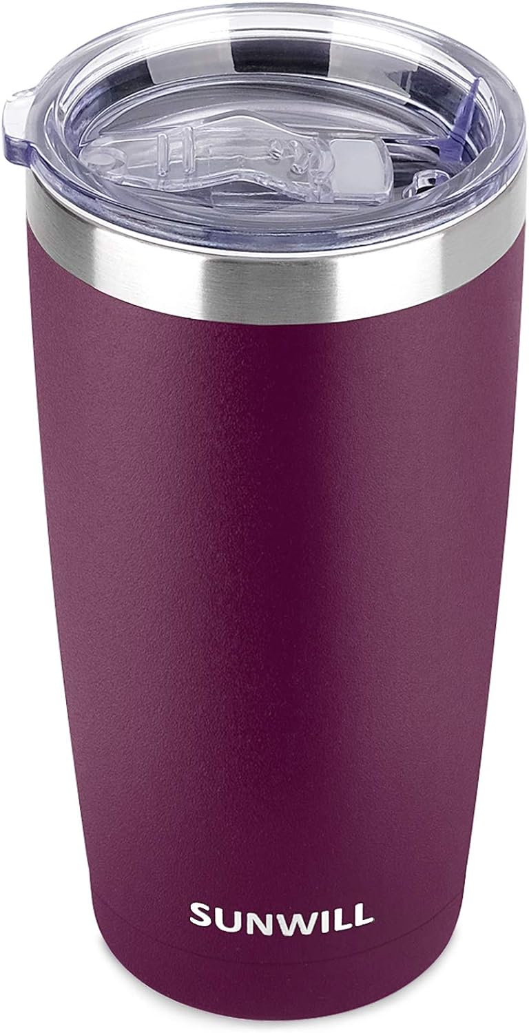 SUNWILL Travel Coffee Tumbler 20 oz, Insulated Mug with Lid, Stainless Steel Cup for Hot and Cold Drinks, Powder Coated Plum