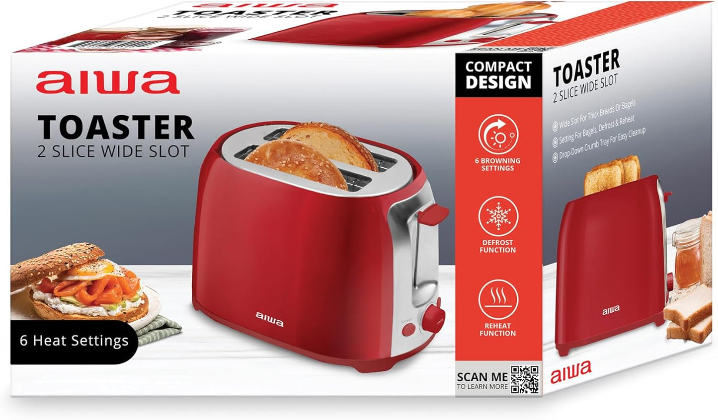 Aiwa Toaster, 2 Slice Wide Slot, Reheat and Defrost Function, 6 Browning Settings, Drop Down Crumb Tray, Red