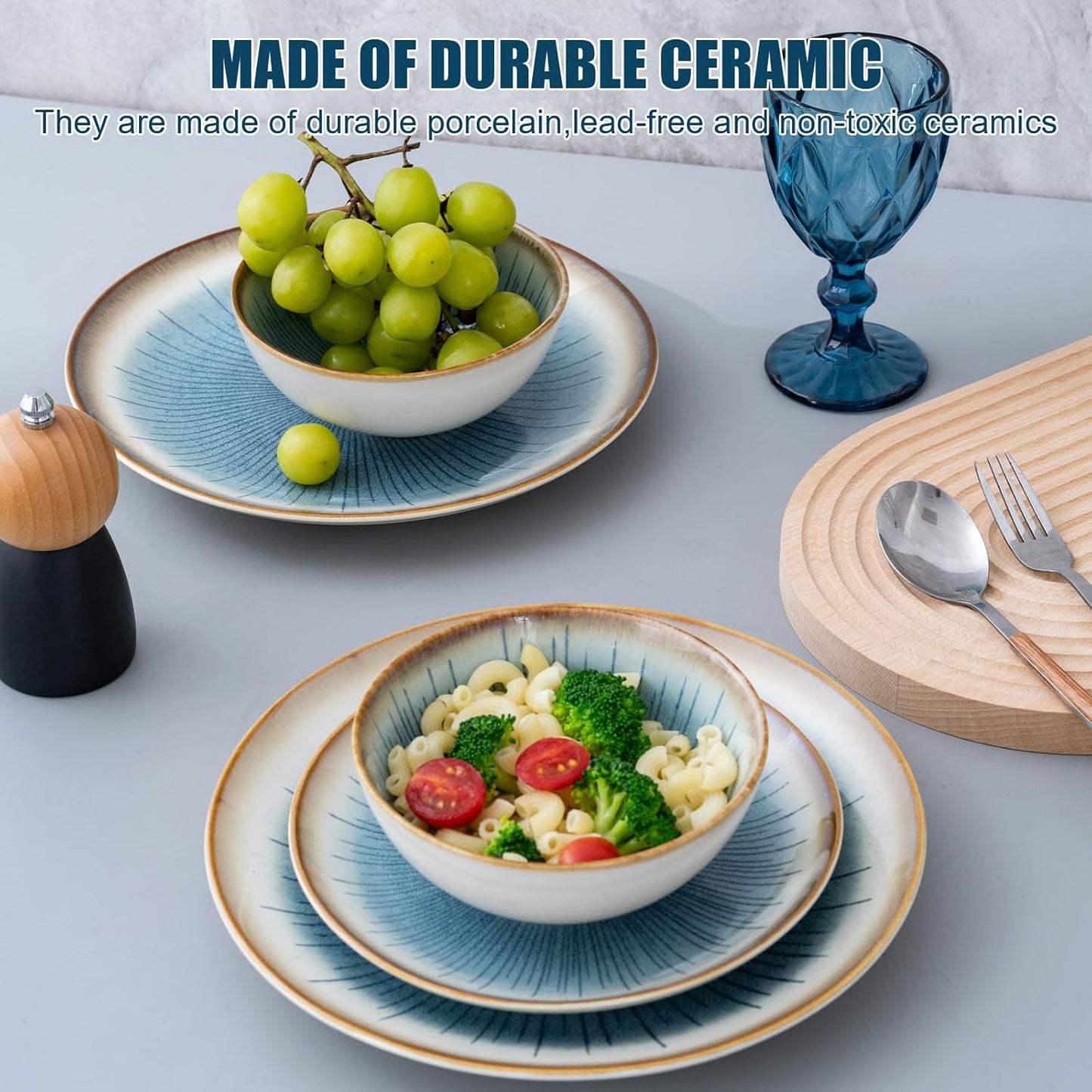 Blue Stoneware Dinnerware Set, 12 Pieces, Blue Stripe Marble, Dishwasher & Microwave Safe