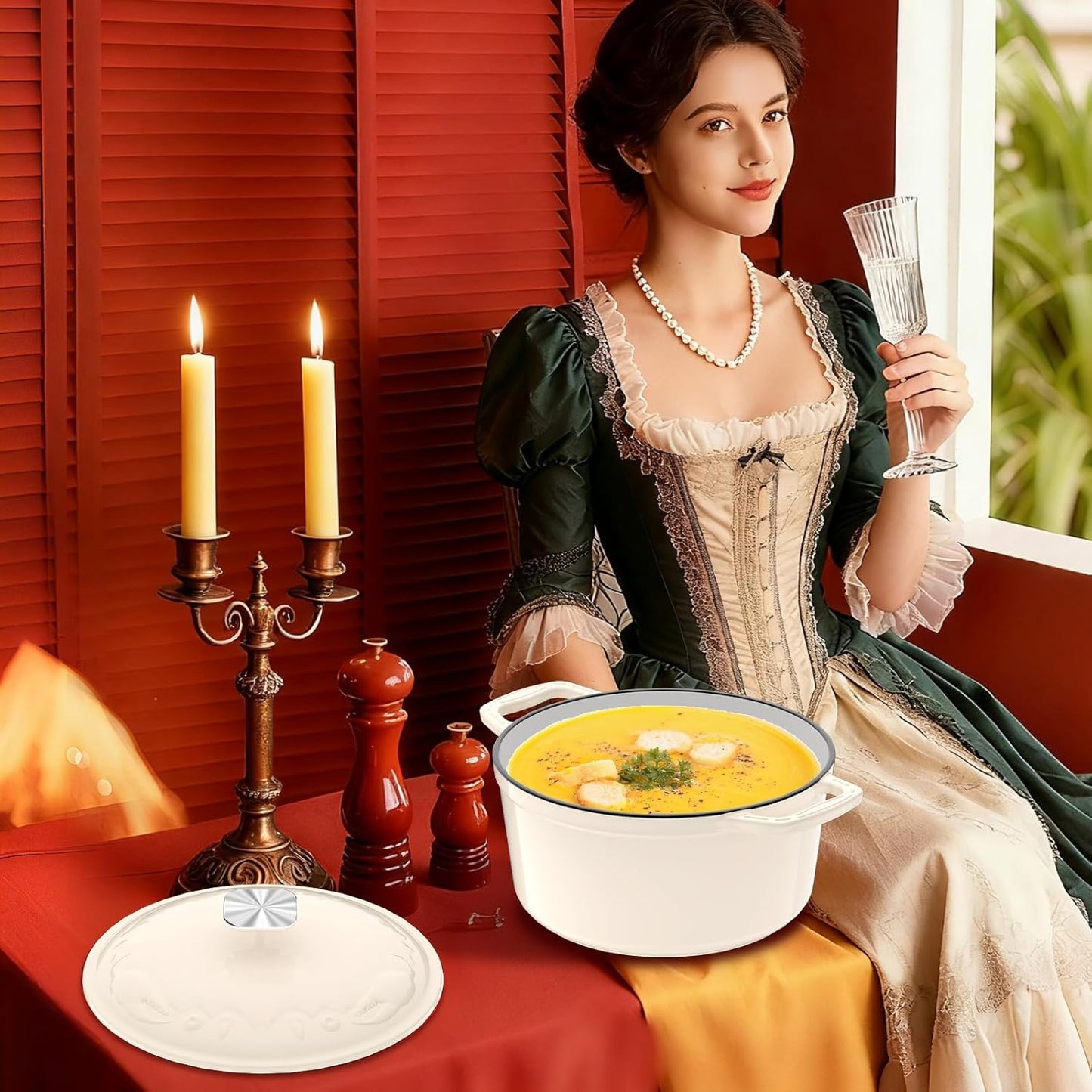 Enameled Cast Iron Dutch Oven - 5QT Dutch Oven Pot with Crab Lid & Oversized Knob & Ergonomic Handles - Heavy Duty Cookware for Braising, Stews, Roasting, Bread Baking - Cream White