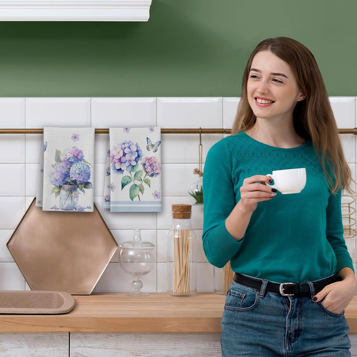 Hydrangea Kitchen Towels, Butterfly House Hand Towel Set of 2, Summer Flowers Gifts for Home Bathroom Holiday Decor - A05