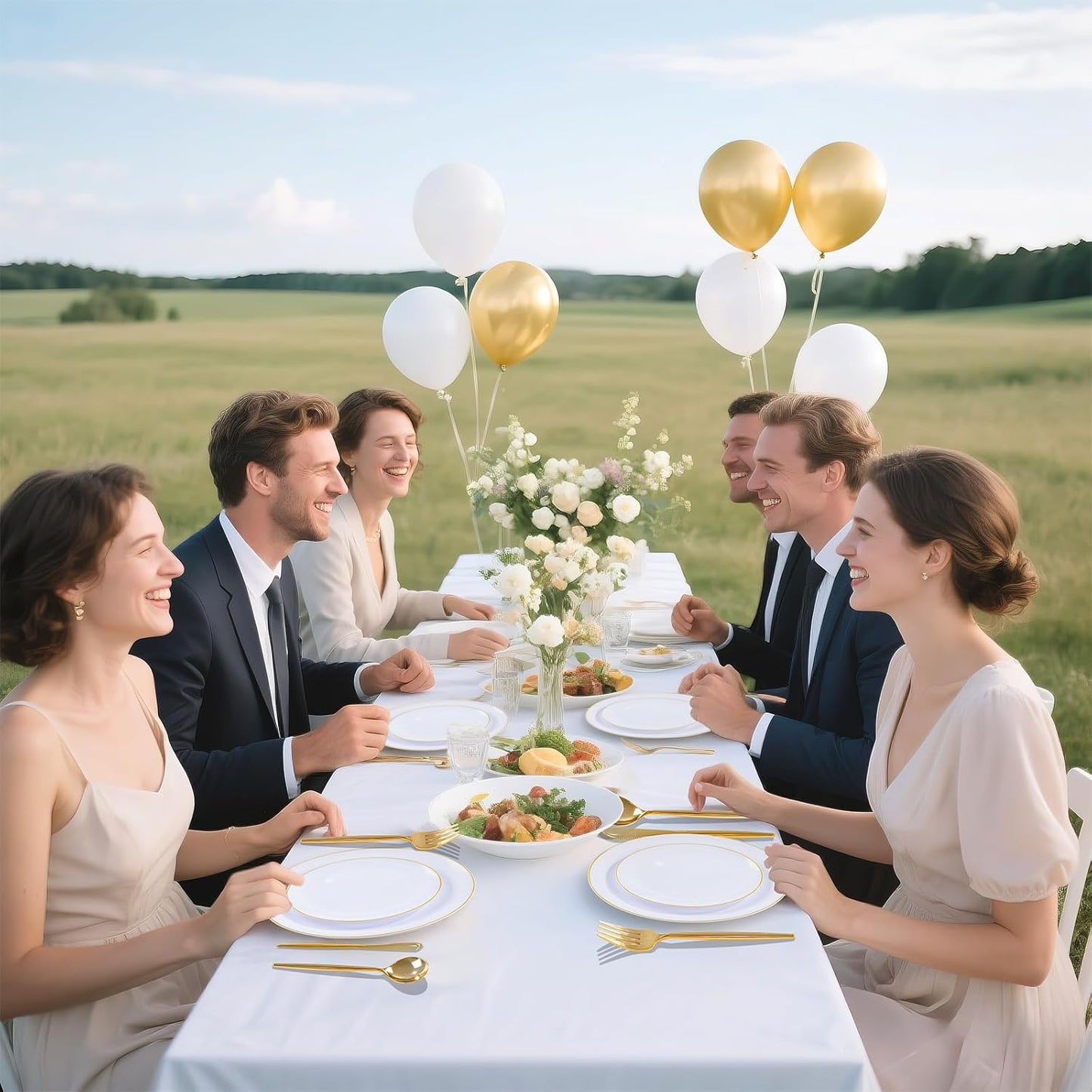 I00000 150PCS White and Gold Plastic Plates with Disposable Silverware for 30 Guests,White Plastic Plates Set Include 30 Dinner Plate,30 Dessert Plate,90 Gold Cutlery for Wedding & Party