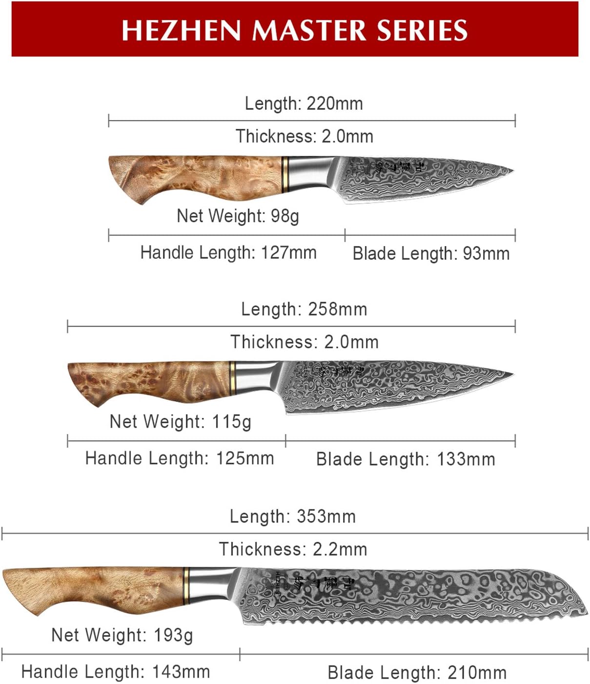 HEZHEN Damascus Kitchen Knives Set, Damascus Steel Japanese Style Chef Knife Utility Knife Santoku Knife,Figured Sycamore Wood Handle