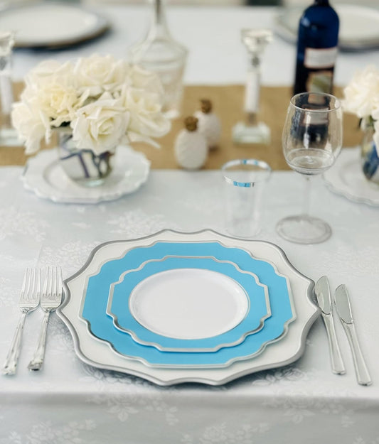" OCCASIONS " 50 Plates Pack (25 Guests)-Heavyweight Wedding Party Disposable Plastic Plate Set -(25x10.5'' Dinner + 25x8'' Salad/dessert (Imperial Aqua & Silver)