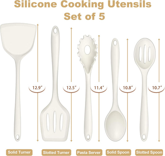 TeamFar Silicone Cooking Utensils Set of 5, Kitchen Utensils Solid & Slotted Spoons Turners Pasta Server for Nonstick Cookware, Healthy & Heat-Resistant, Seamless & Non-Scratch, Dishwasher Safe, White