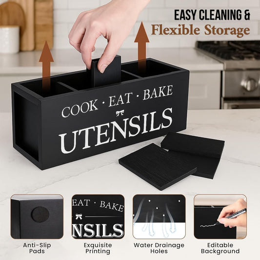 Extra Large Kitchen Utensil Holder with 4 Compartments, Wooden Countertop Organizer, Rustic Black Farmhouse Decor for Cooking Tools, Spoons, Spatulas, Knives & Forks
