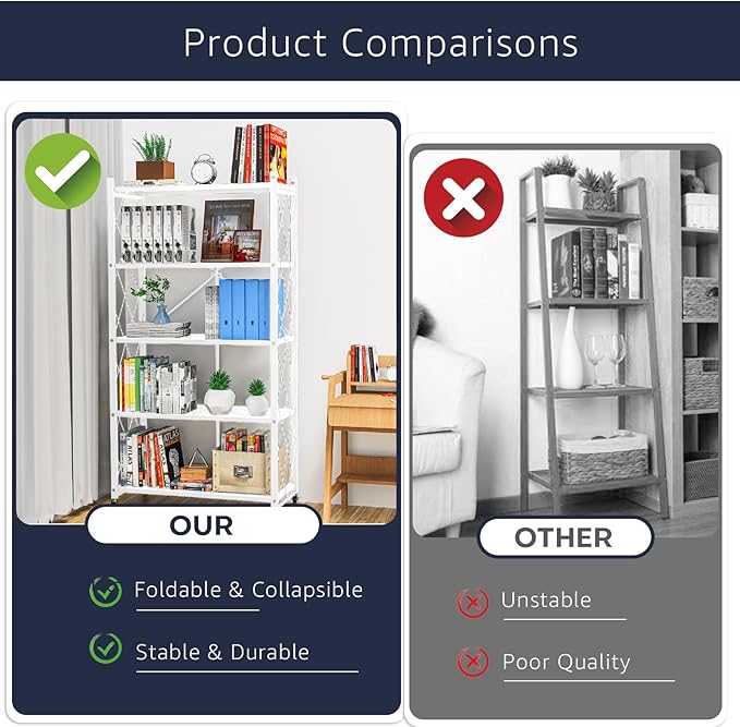 Lifetime Home 5-Tier Foldable Storage Shelf with Wheels - Metal Rack Collapsible Shelving Unit Display, Rolling Cart for Books Kitchen Storage Shelves, Pantry & Closet Organizer, Office Room Decor