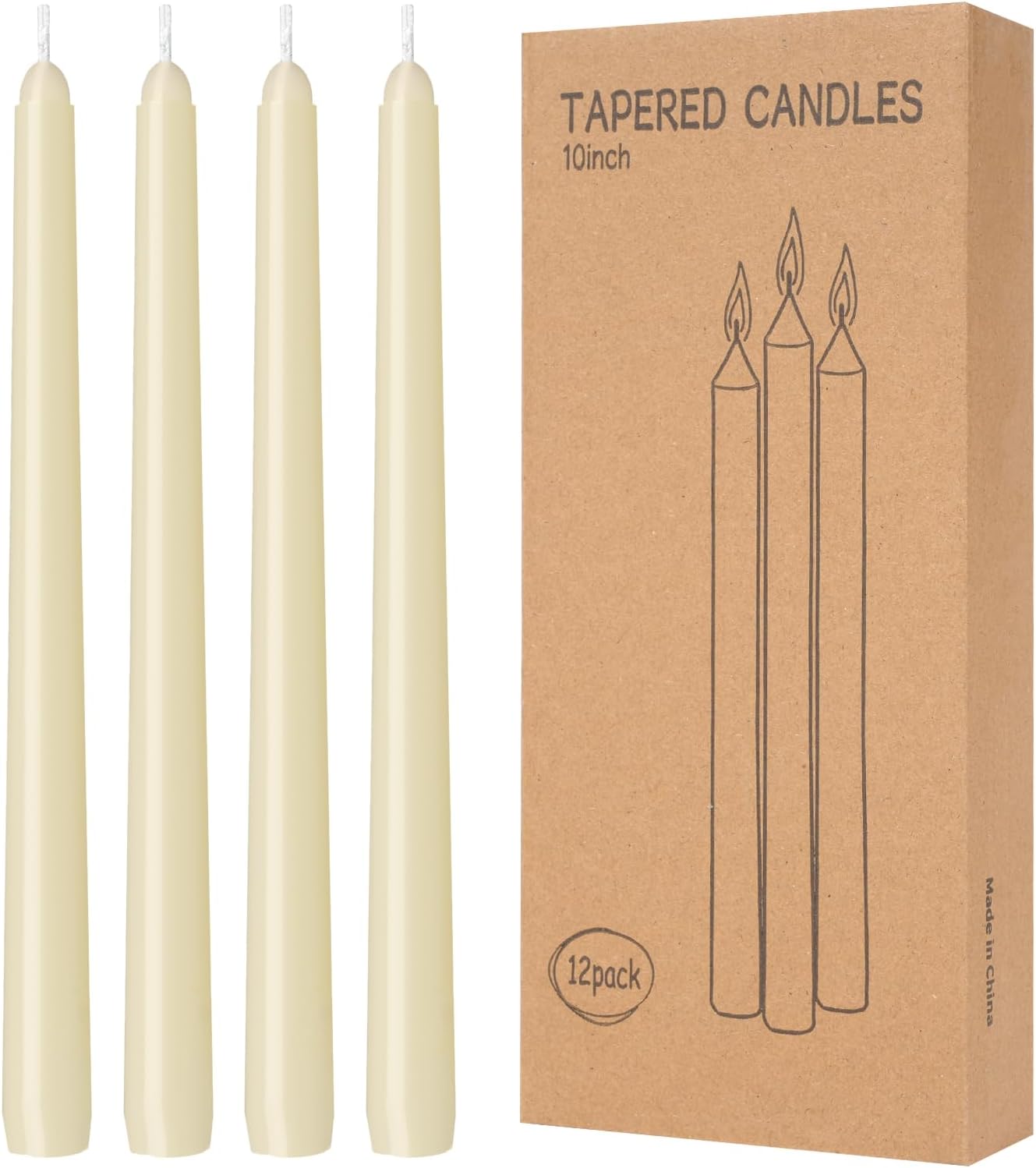 12 Pack Ivory Taper Candles 10 inch - Taper Candles Dripless, Smokeless, Unscented - 8 Hours Long Burning - Hand Poured Tall Candlesticks - Perfect for Home Decor, Weddings, and Special Occasions