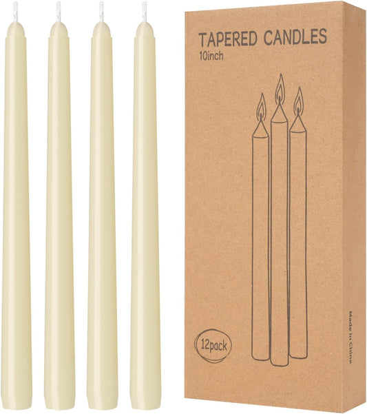 12 Pack Ivory Taper Candles 10 inch - Taper Candles Dripless, Smokeless, Unscented - 8 Hours Long Burning - Hand Poured Tall Candlesticks - Perfect for Home Decor, Weddings, and Special Occasions