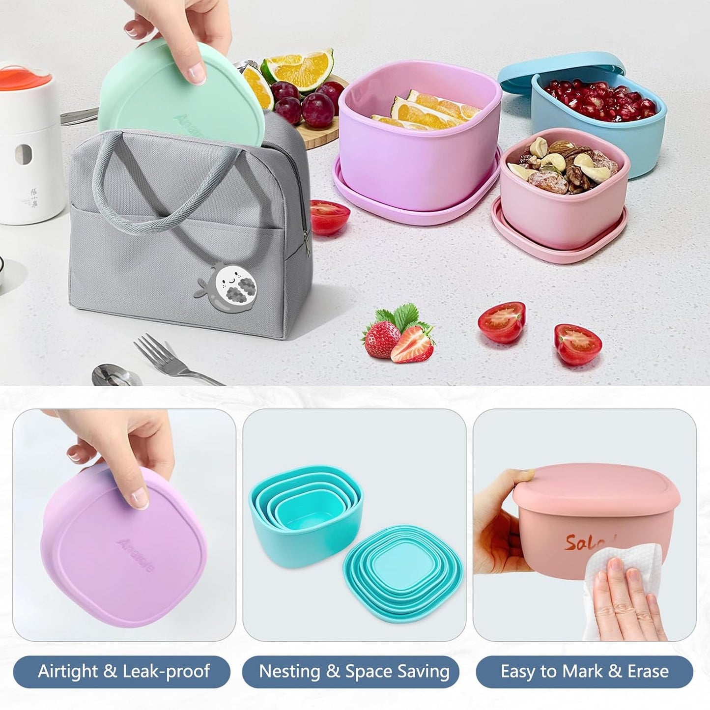 Anatole Silicone Food Storage Containers 4 Pcs Lunch Bento Box with Lids Leakproof Dishwasher Microwave Oven Freezer Safe BPA Free CPC Certified (30oz 20oz 10oz 6.7oz)