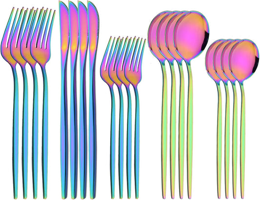 Silverware Set – 20 Piece Family Dinnerware Set – Flatware Set Service For 4 – Rainbow Tableware Sets – Cutlery Great For Family Gatherings & Daily Use – Spoons, Knives, Forks