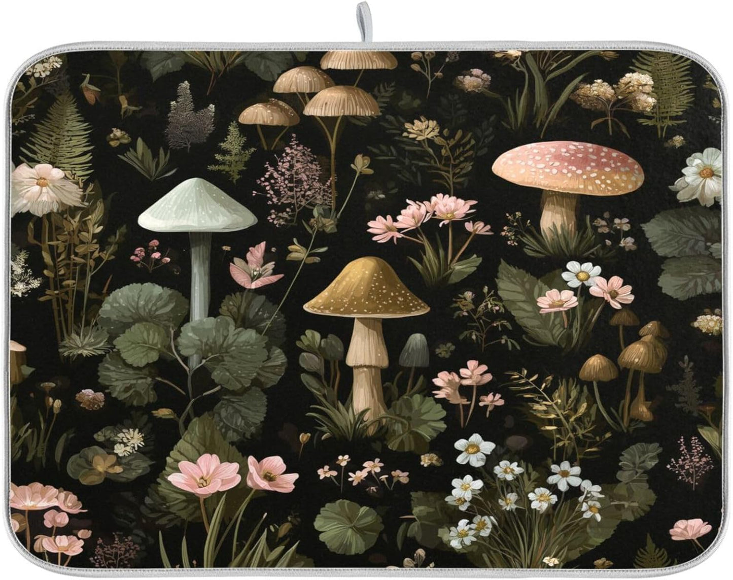 Mushrooms White Pink Flowers Dish Drying Mat for Kitchen Counter Super Absorbent Dishes Pad Reversible Microfiber Protector Dish Draining Mats 18x24 inch