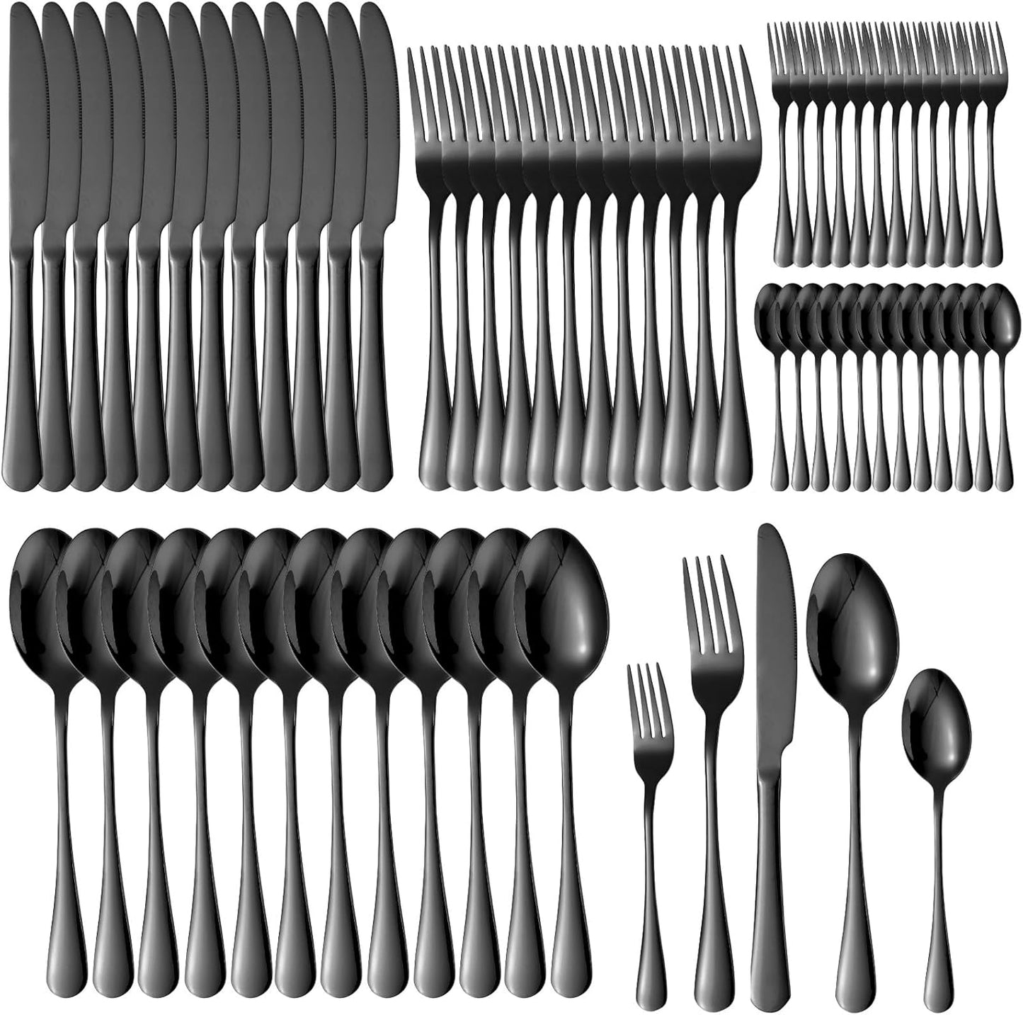 Black Silverware Set for 12 Stainless Steel Flatware 60 Piece Cutlery Spoon Fork Knife Kitchen Eaing Utensils Wide Round Handle Restaurant Festival Parties Easy to Clean