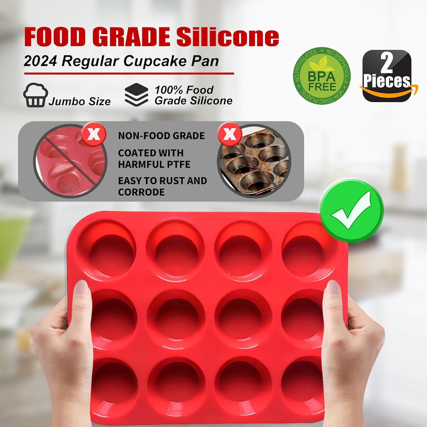 12 Cup Silicone Muffin Pan，Regular Size Cupcake Pan Great for Making Muffin Cakes, Bread, Tart - Piping Bags and Tips Set，Silicone Baking Cups-2 Pack