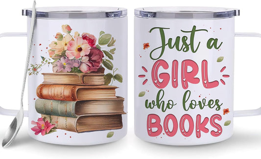 Hyturtle Book Cup Gifts For Book Lovers - Just A Girl Who Loves Books Coffee Mug Stainless Steel 12oz - Reading Gift For Bookworm, Librarians, Readers - Birthday Christmas Gift For Women, Her, Girls