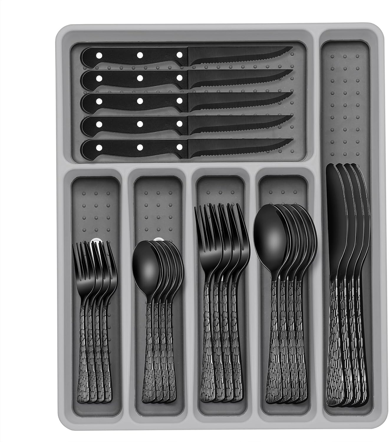 49-Piece Black Silverware Set with Organizer, Stainless Steel Tree Pattern Black Flatware for 8, Cutlery Utensil Sets with Steak Knives, Rust-proof, Mirror Polished, Dishwasher Safe