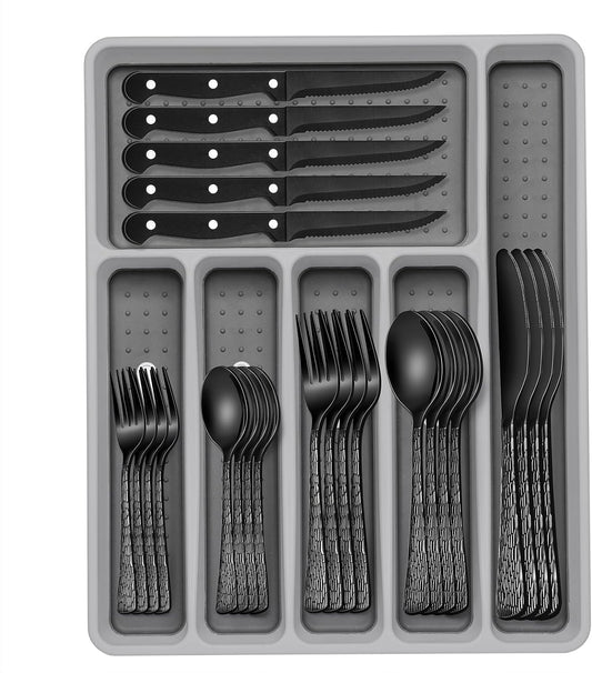 49-Piece Black Silverware Set with Organizer, Stainless Steel Tree Pattern Black Flatware for 8, Cutlery Utensil Sets with Steak Knives, Rust-proof, Mirror Polished, Dishwasher Safe